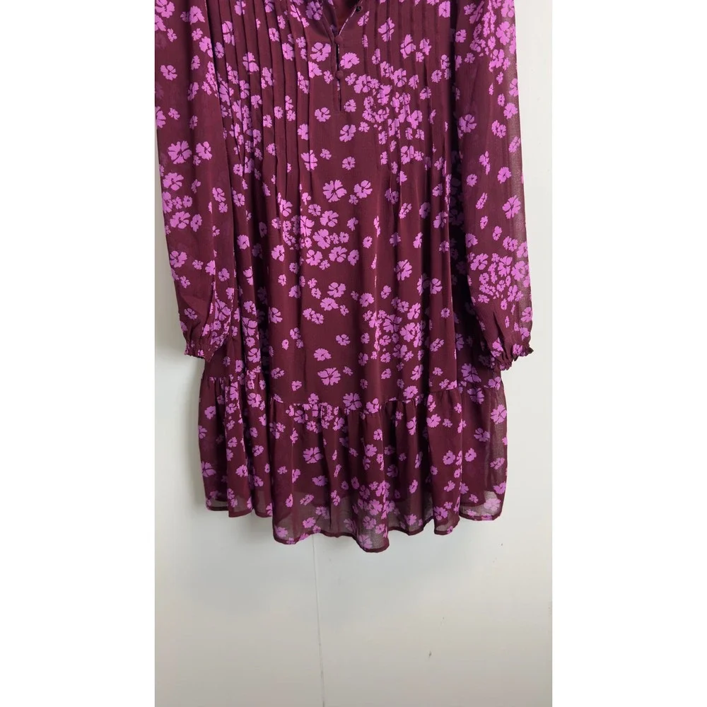 Time and Tru Womens M 8-10‎ Burgundy Purple Floral Pleated Chiffon Mini Dress